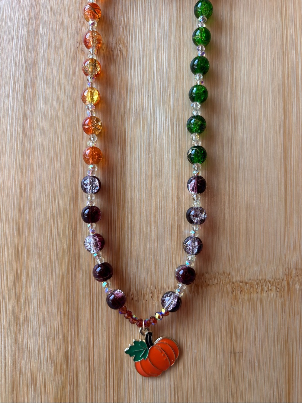 Autumn Pumpkin Pendant Beaded Necklace - Orange & Green